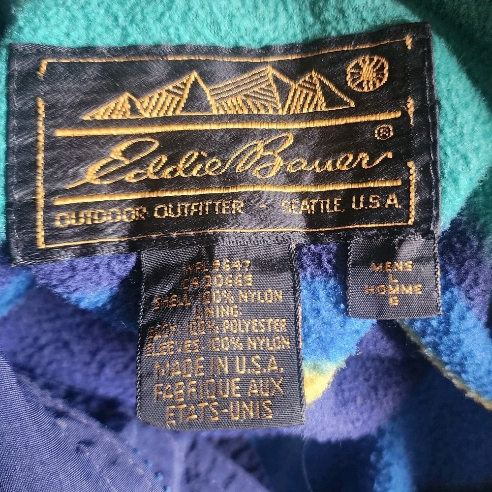 Vtg Eddie Bauer Bomber Jacket Men's L Navy Blue Nylon Fleece Lined Full Zip 90s - Picture 3 of 9